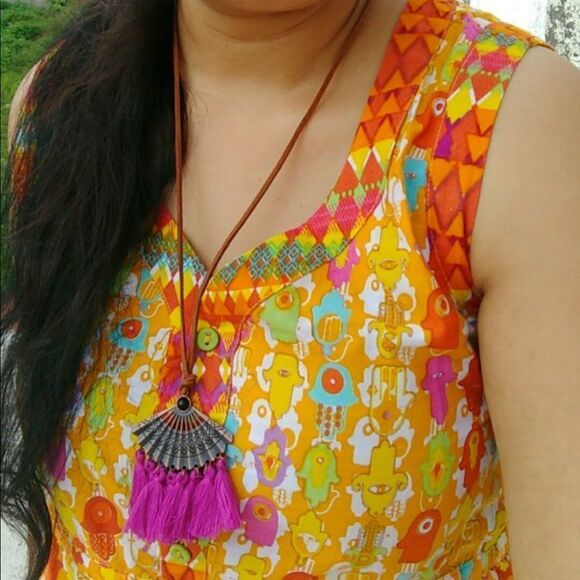 Fun Long Pink Tassel Necklace w/ Brown Cord - Picture 5 of 7